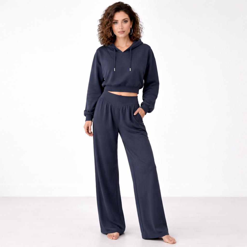 Conjunto de sudadera corta y pantalón de pierna ancha para mujer