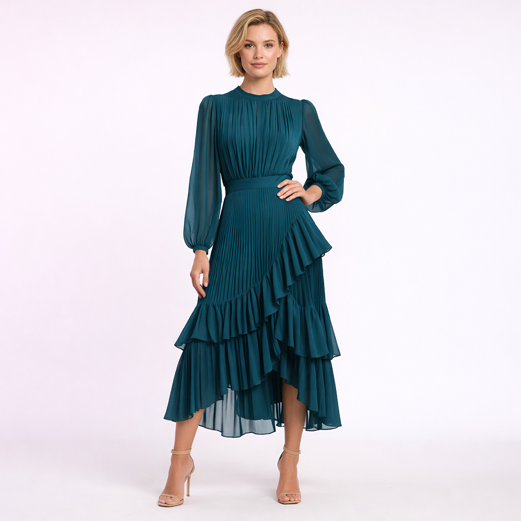 Vestido midi plisado con volantes