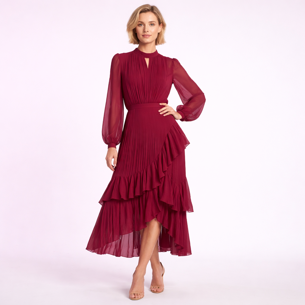 Vestido midi plisado con volantes