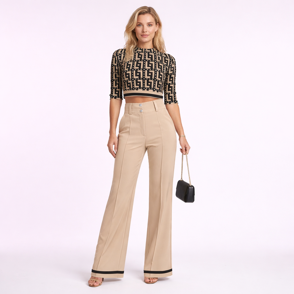Conjunto elegante de top corto y pantalón ancho