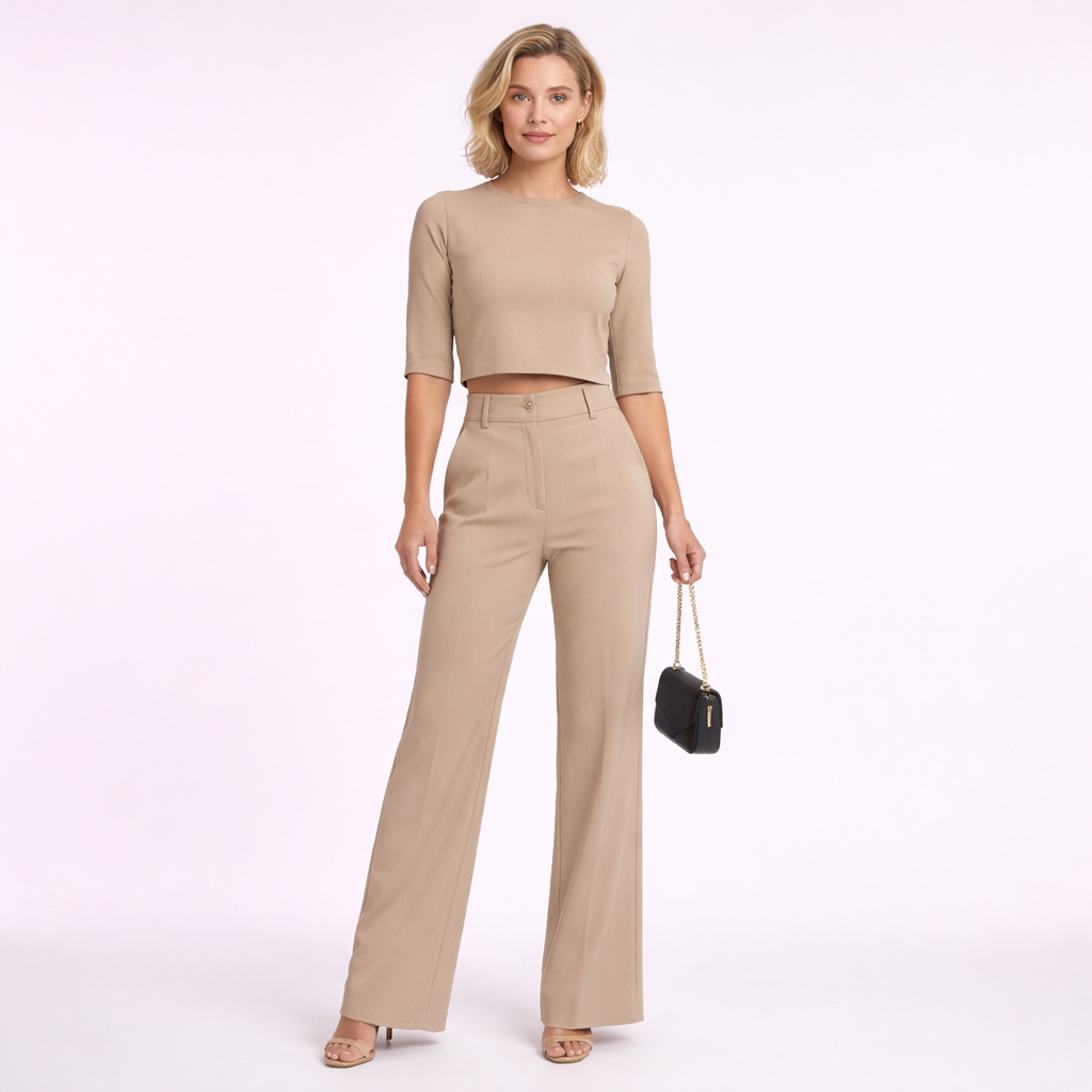Conjunto elegante de top corto y pantalón ancho