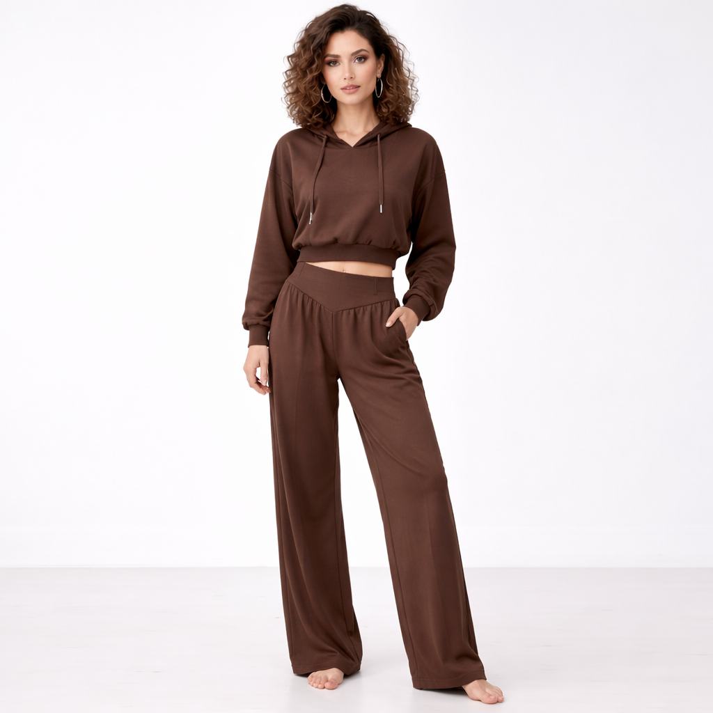 Conjunto de sudadera corta y pantalón de pierna ancha para mujer