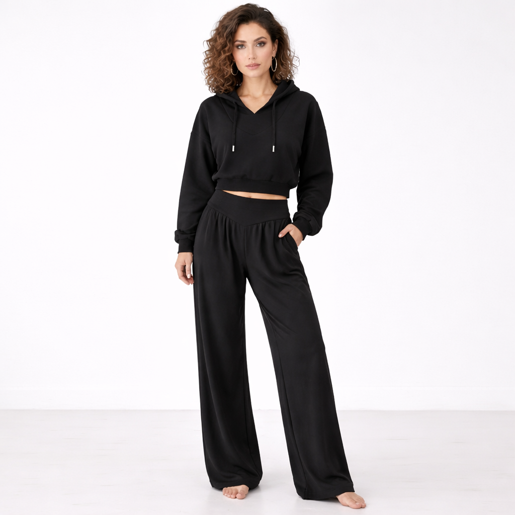 Conjunto de sudadera corta y pantalón de pierna ancha para mujer