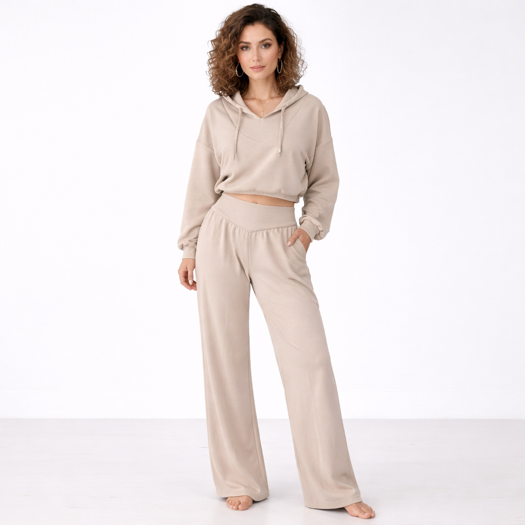 Conjunto de sudadera corta y pantalón de pierna ancha para mujer