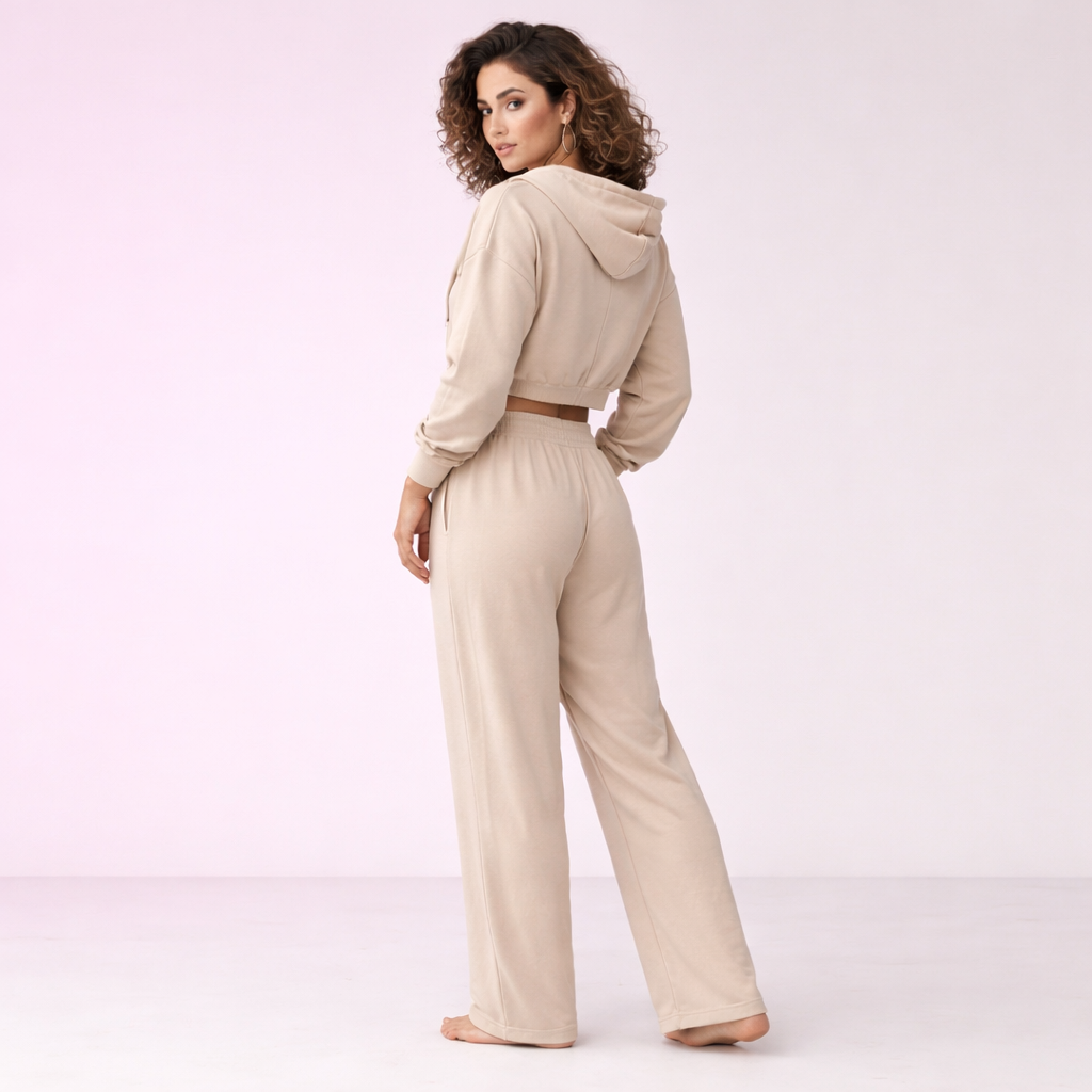 Conjunto de sudadera corta y pantalón de pierna ancha para mujer