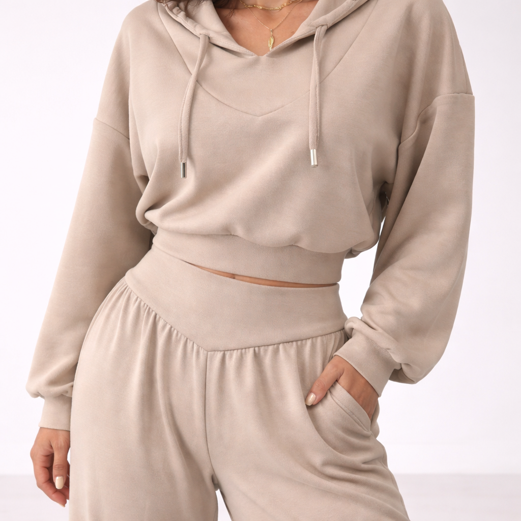 Conjunto de sudadera corta y pantalón de pierna ancha para mujer